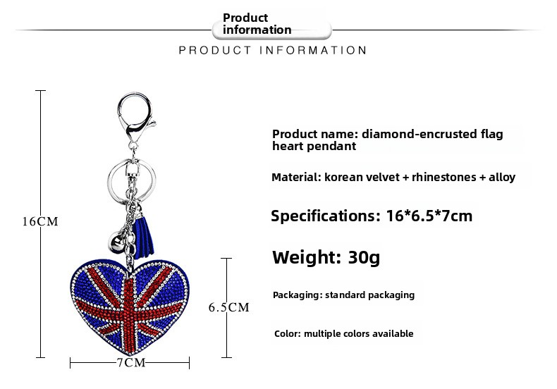 Factory New Diamond-Encrusted Korean Velvet British and American Flag Heart Keychain Pendant for Women's Bags and Car Accessories