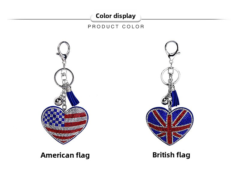 Factory New Diamond-Encrusted Korean Velvet British and American Flag Heart Keychain Pendant for Women's Bags and Car Accessories