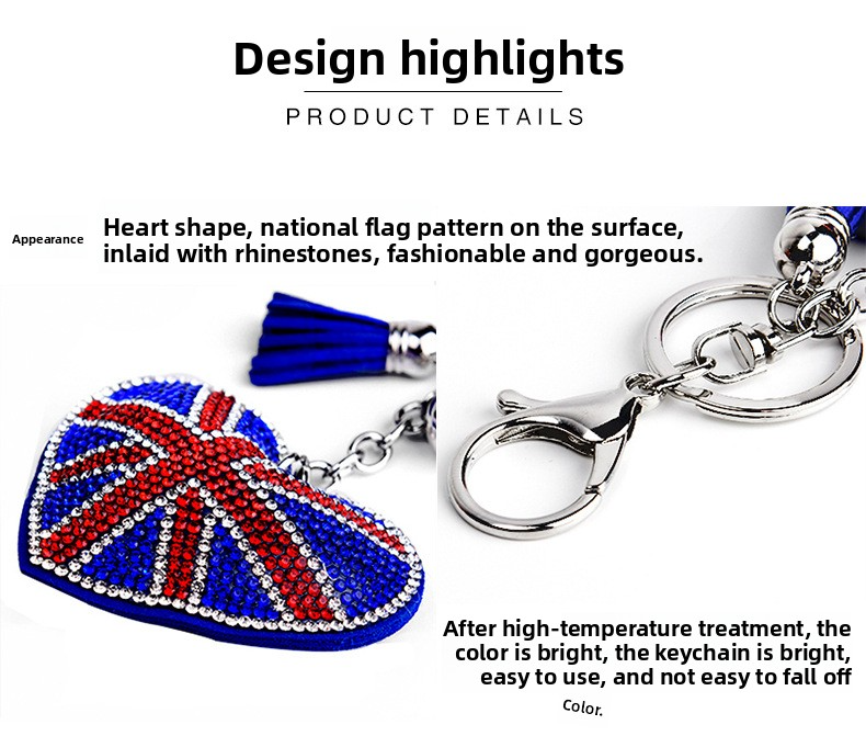 Factory New Diamond-Encrusted Korean Velvet British and American Flag Heart Keychain Pendant for Women's Bags and Car Accessories