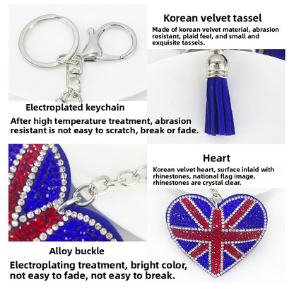 Factory New Diamond-Encrusted Korean Velvet British and American Flag Heart Keychain Pendant for Women's Bags and Car Accessories