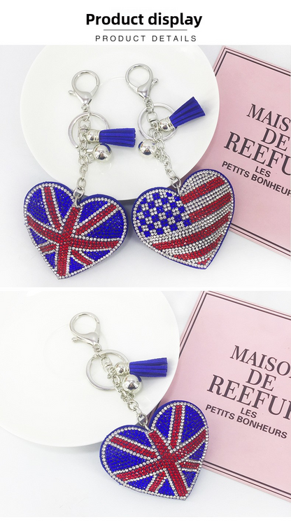 Factory New Diamond-Encrusted Korean Velvet British and American Flag Heart Keychain Pendant for Women's Bags and Car Accessories