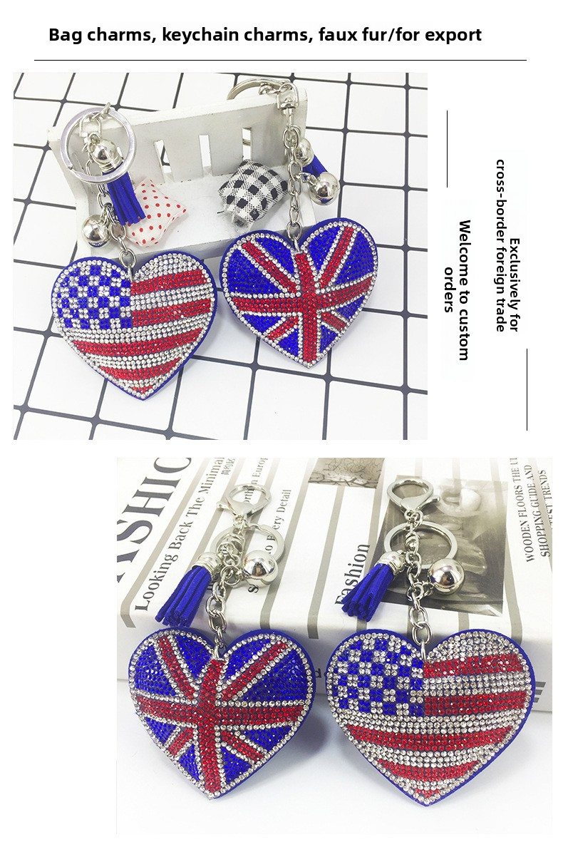 Factory New Diamond-Encrusted Korean Velvet British and American Flag Heart Keychain Pendant for Women's Bags and Car Accessories